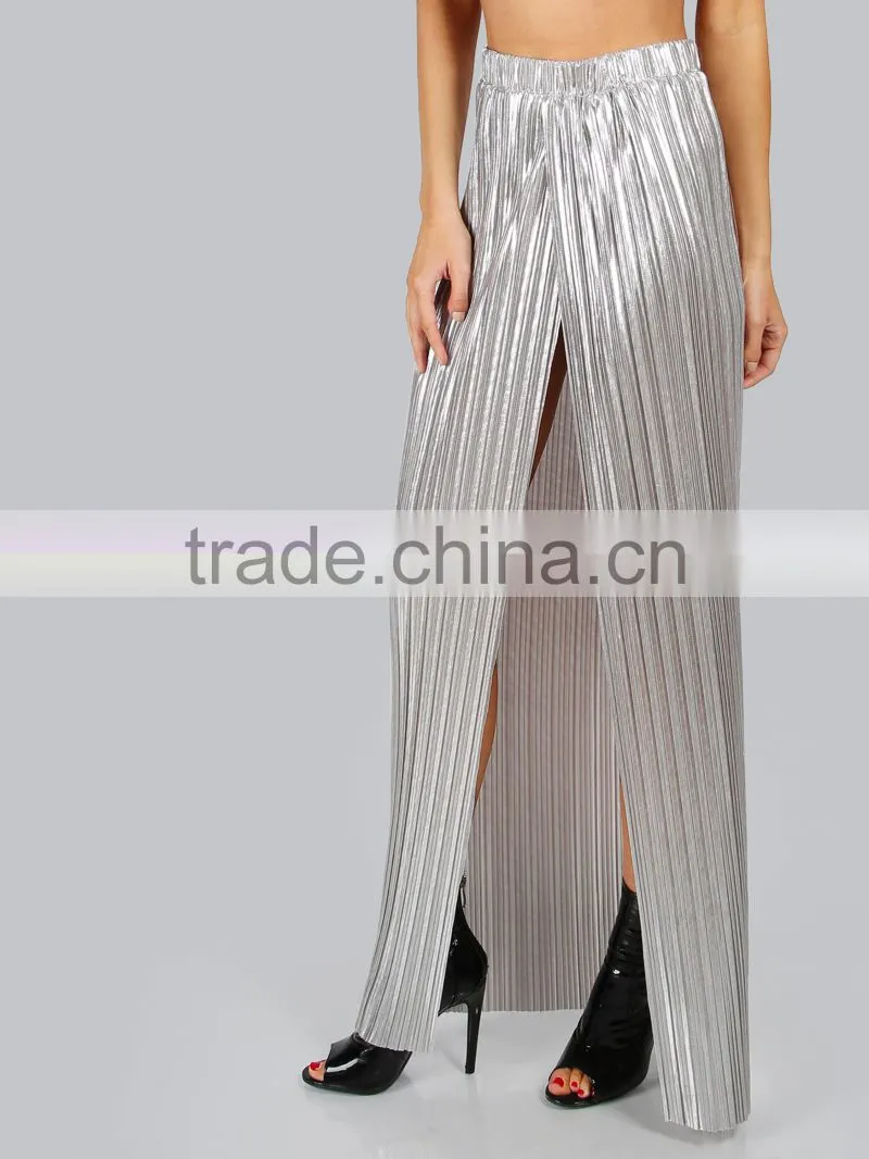 Long split women pleated long skirt sliver color high waist maxi skirt new arrive