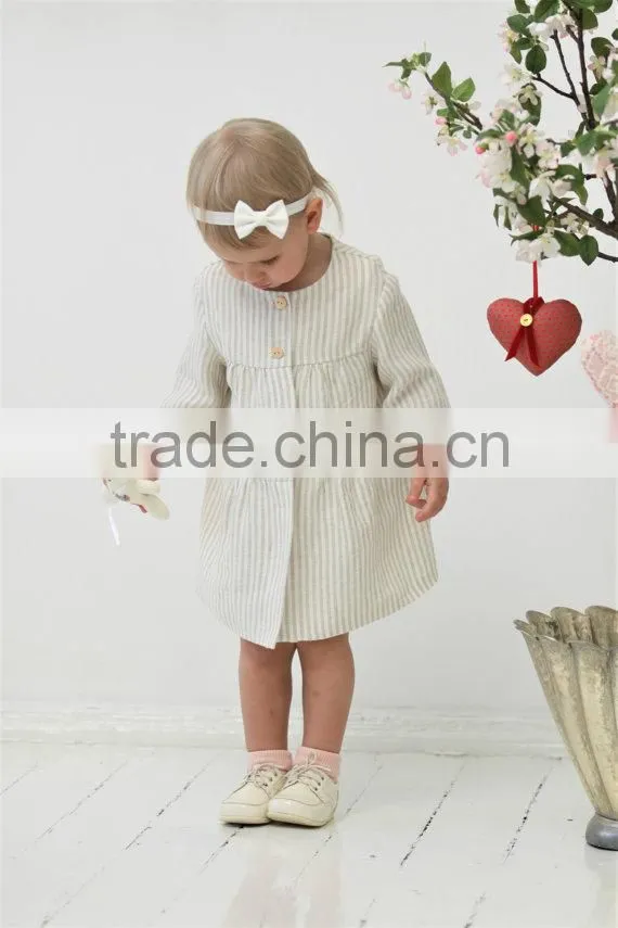 New design long sleeve stripe casual linen baby girl kids frock summer dress