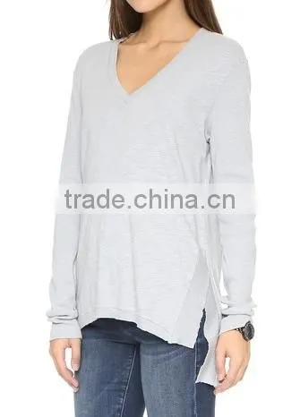Classic Slubbed jersey 100% cotton V Neck Top long sleeve women t shirt with split asymmetrical hem