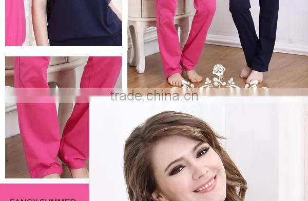 2015 customized adult pyjamas set yarn dyed s/s legging top design summer pyjamas for women