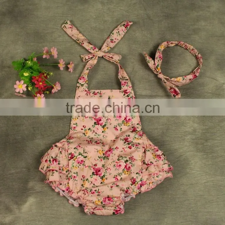 Infant Gtirls' Cotton Flower Straps Ruffles Bodysuit