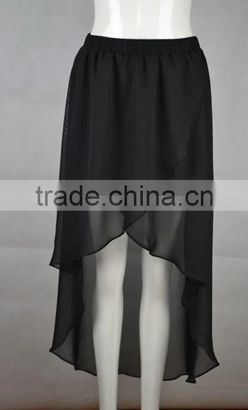hot selling plain black skirt casual chiffon skirt short front and long back skirts