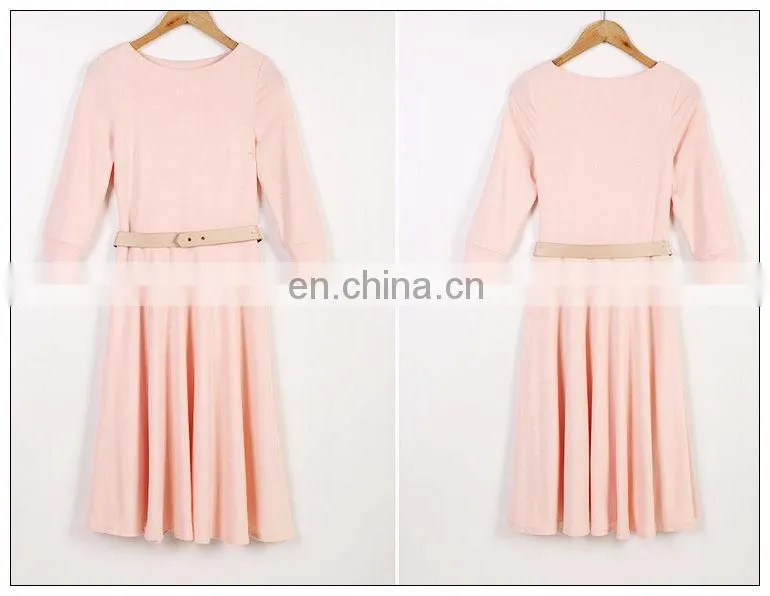Ladies high quality three quarter sleeve solid knit dress, swing dress wholesale