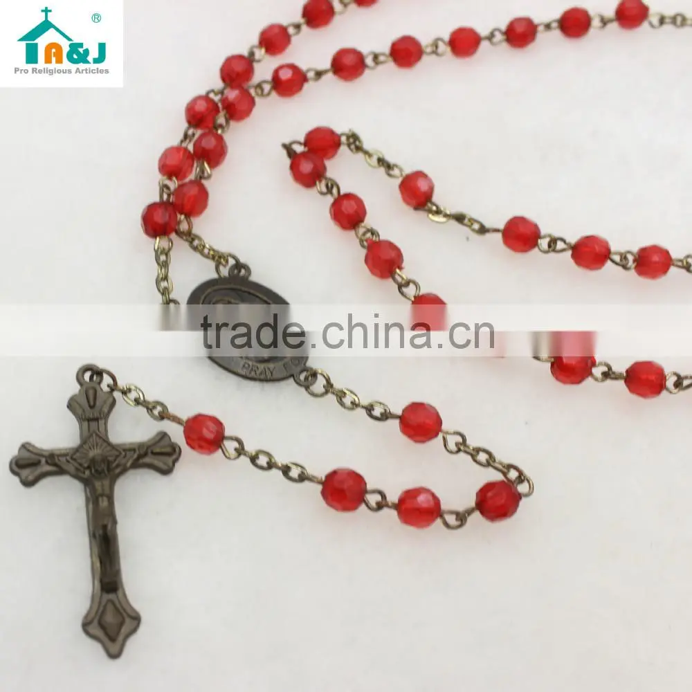Religious red plastic rosary bead wholesale necklace