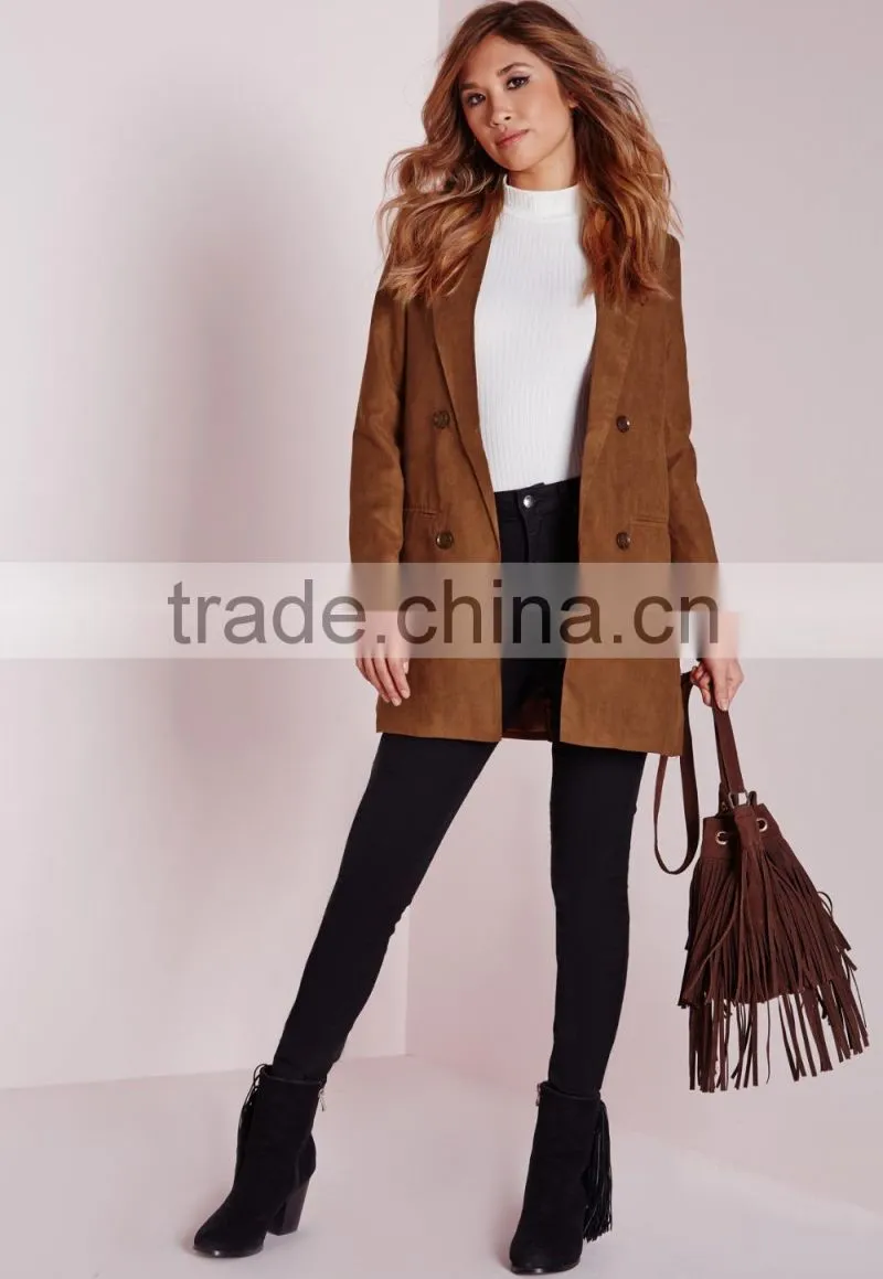2015 Women Winter Long Faux Suede Double Breasted Blazer