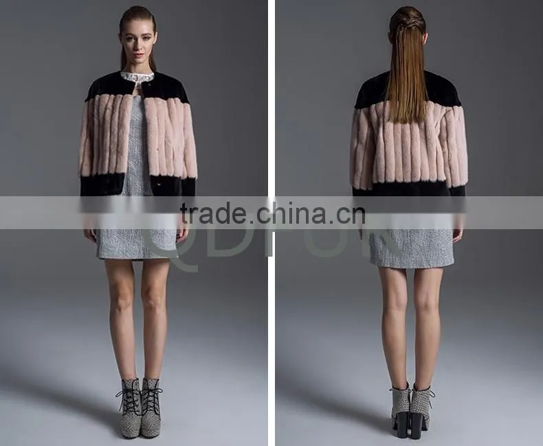 QD80735 Ladies Luxurious Vertical Bar Natural Mink Fur Jacket