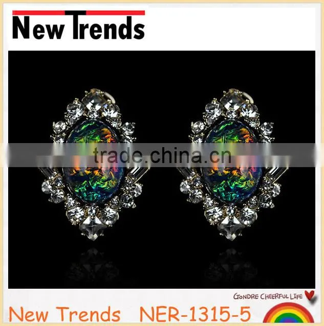 Newest large green stone earring stud with crystal beads
