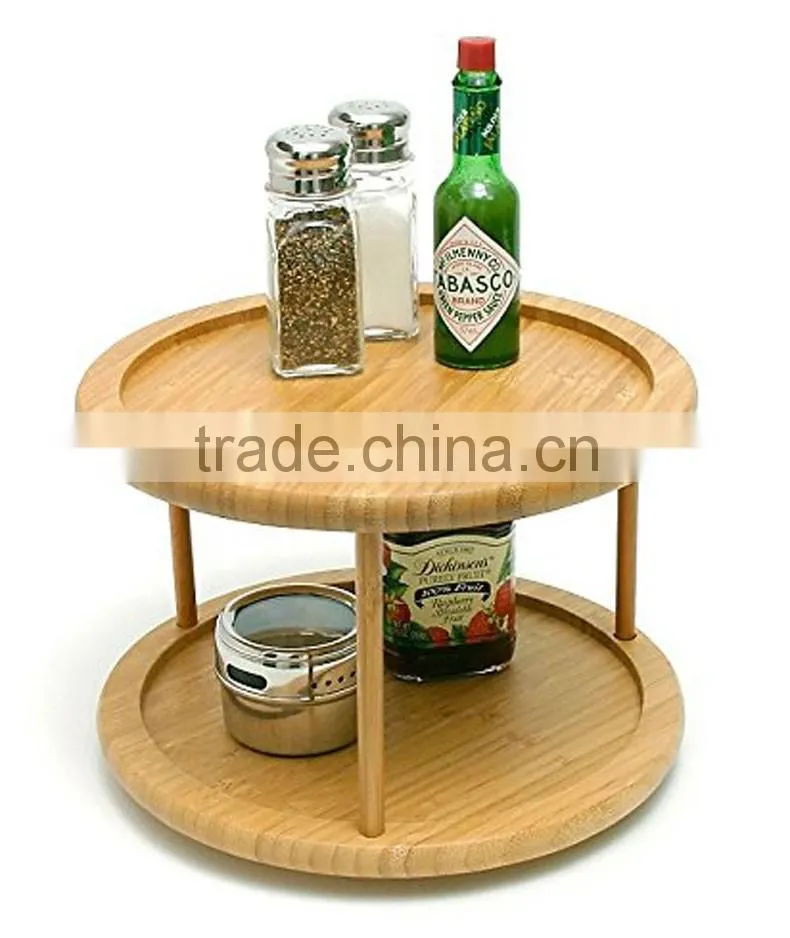 Natural Bamboo 2 Tier Round Cake Turntable Stand For Spice, Or Serving Turning Tray