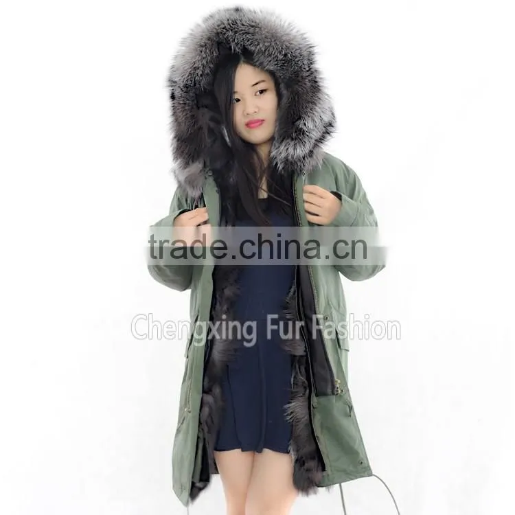 CX-G-P-04 Wholesale Winter Real Silver Fox Fur Lining Army Green Fur Parka Coat