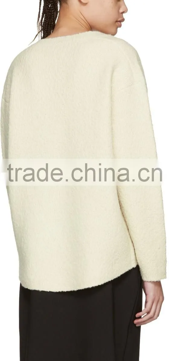 Custom Made Long Sleeve Wool Blend Boucle Pullover Sweater in Off White for Women
