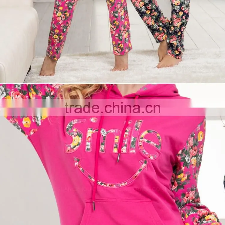 Top design women fancy flower printing pajama with hoody+ long pant winter women pajamas set wholesale