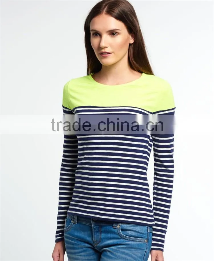 2016 Guangzhou Shandao High Fashion Design Autumn Long sleeve Round Neck Striped Printed Cotton Ladies Elastic Hem Tops