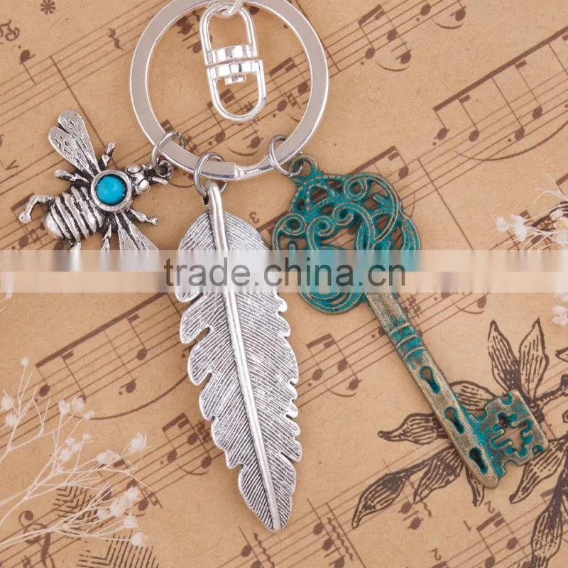 All types Of Personalised Silver Plated Bee Feather Key Vintage Patina Keychain Wholesale