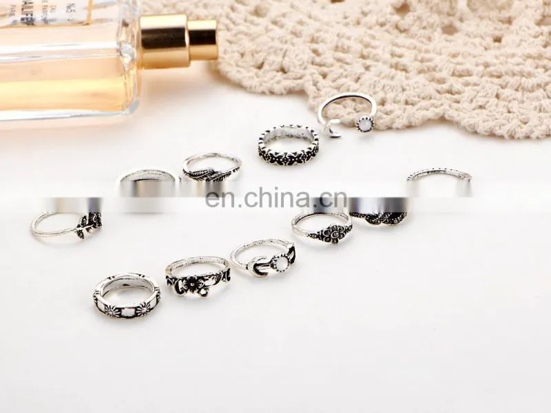 11pcs/set Retro Bohemia Rose Bouquet Jade Flower Totem Knuckle Midi Finger Stacking Ring Jewelry Ring Sets