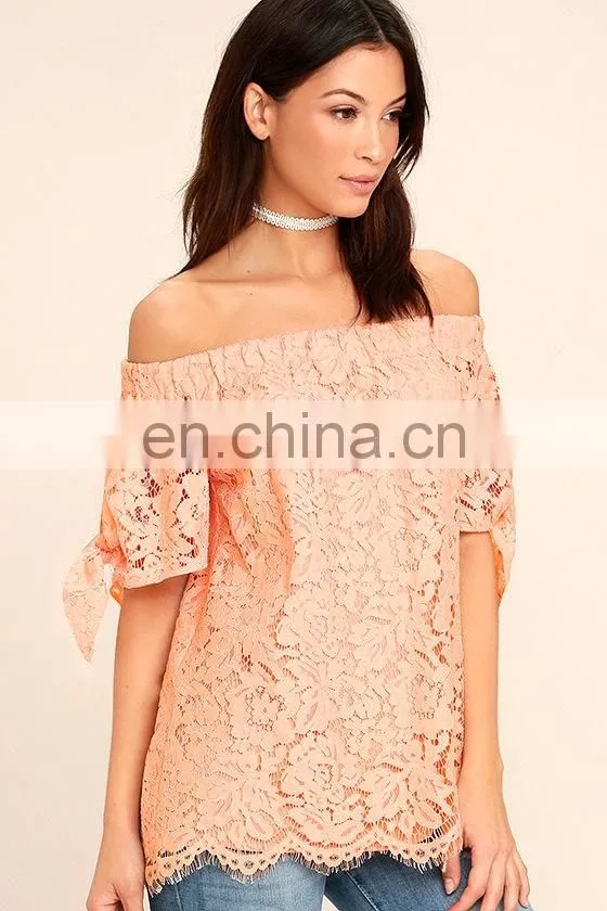 Women New Top Design Lovely Short Sleeve Off-the-Shoulder Peach Lace Top