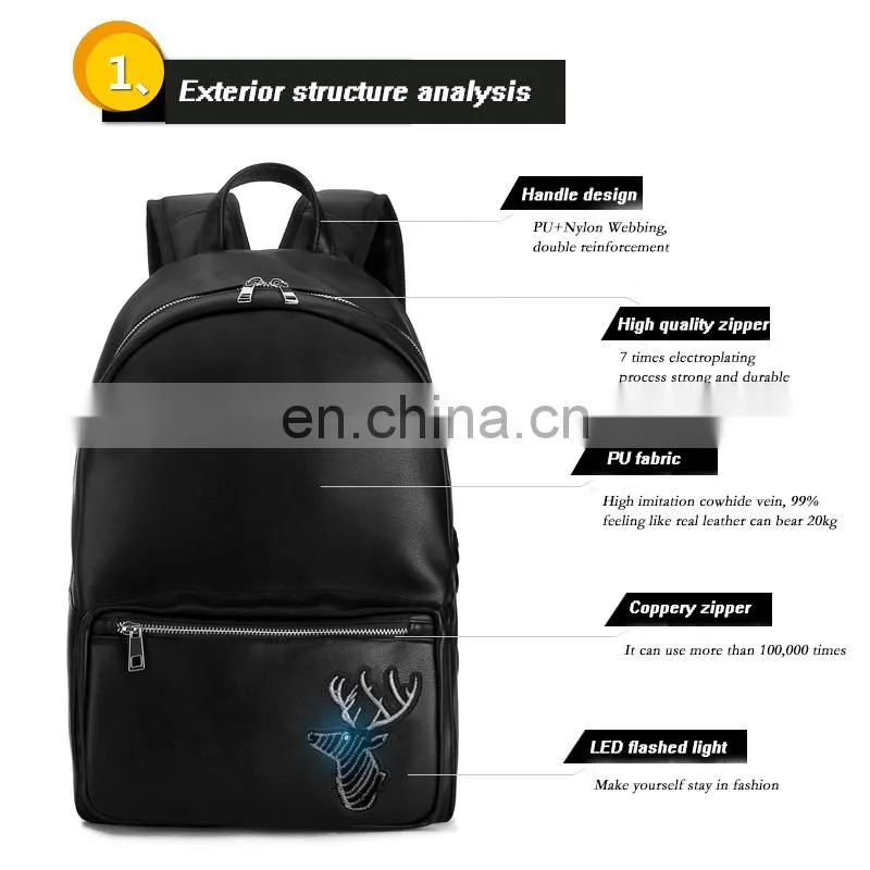 LED flashlight PU leather soft backpack school bags for teenagers