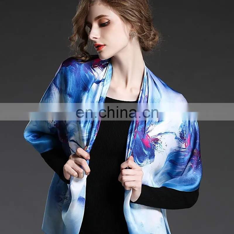 Blue silk square scarf for women 110*110