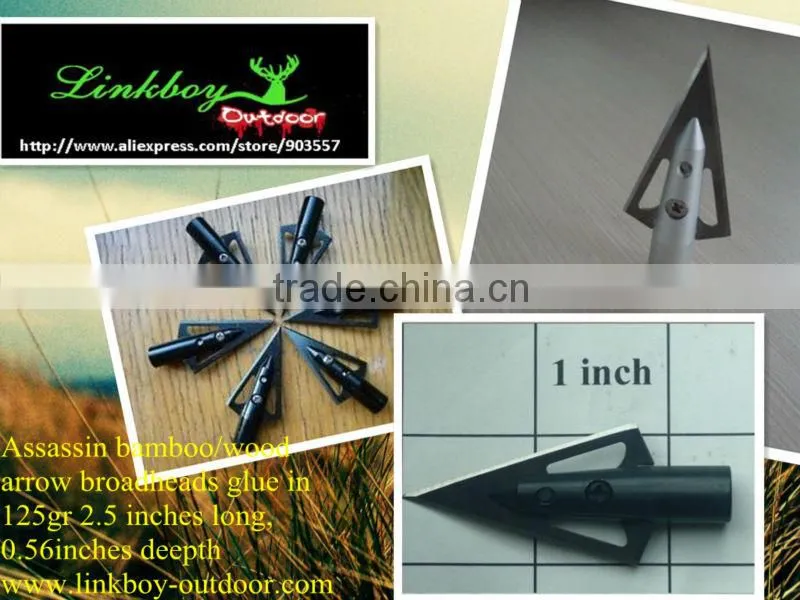Assassin archery bamboo/wood arrow broadheads glue in outside 125gr 2 blade