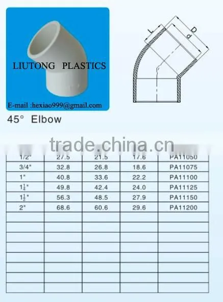 ASTM sch40 pvc elbow 45 deg