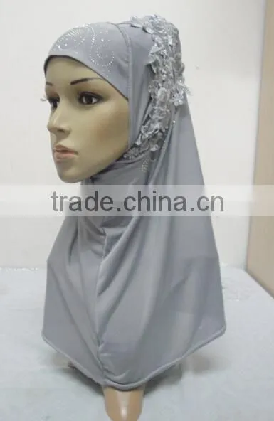 H274 latest one piece instant hijab with lace and rhinestones,muslim scarf