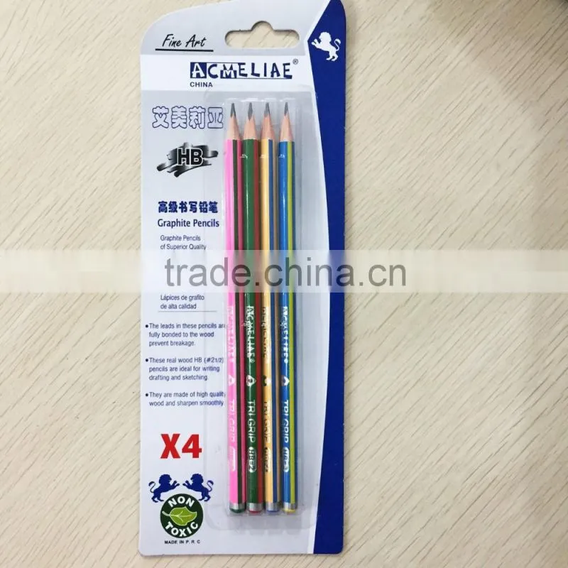 7" standard size soft wood triangular shape color striped HB pencil set in blister card