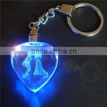 Wholesale heart shape 3D laser engraving Crystal glass Keychain with LED light for wedding return gift