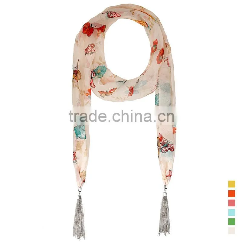 2015 New design functional butterfly print scarf, summer flower tassel scarf