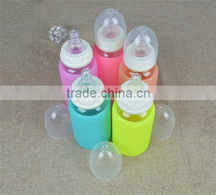 High quality cute baby feeding bottle,food grade BPA free baby feeding bottle,silicone glass milk bottle for baby feeding
