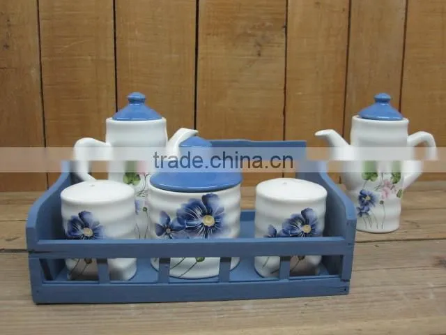 New Ceramic 5pcs condiment set with wood stand