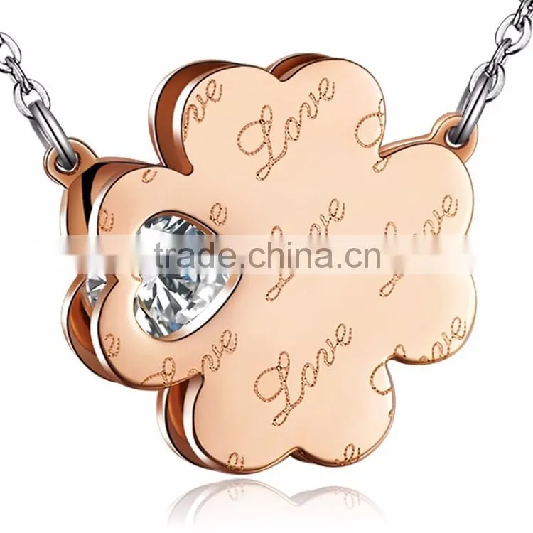 Fashion Stainless Steel Chain Necklace with Four Leaf Clover Charm and CZ