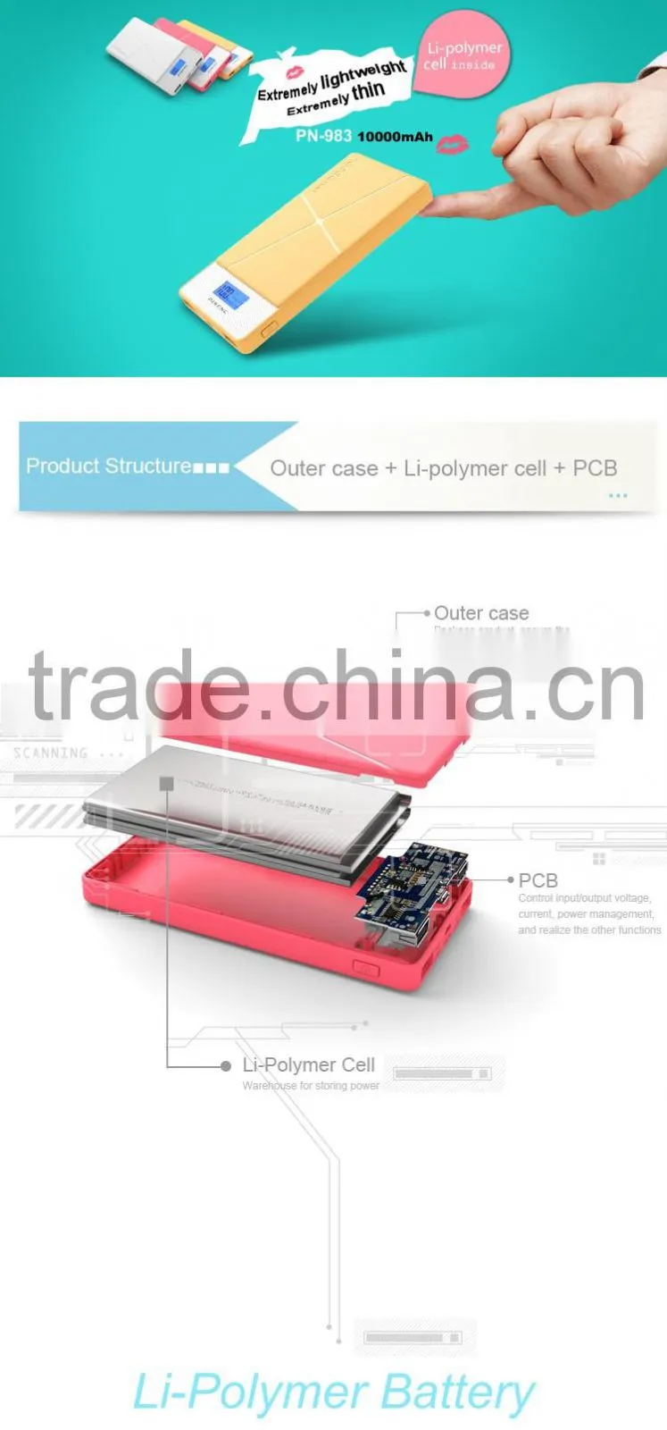 Guangdong PINENG PN-983 rohs power bank 10000mah mobile power bank