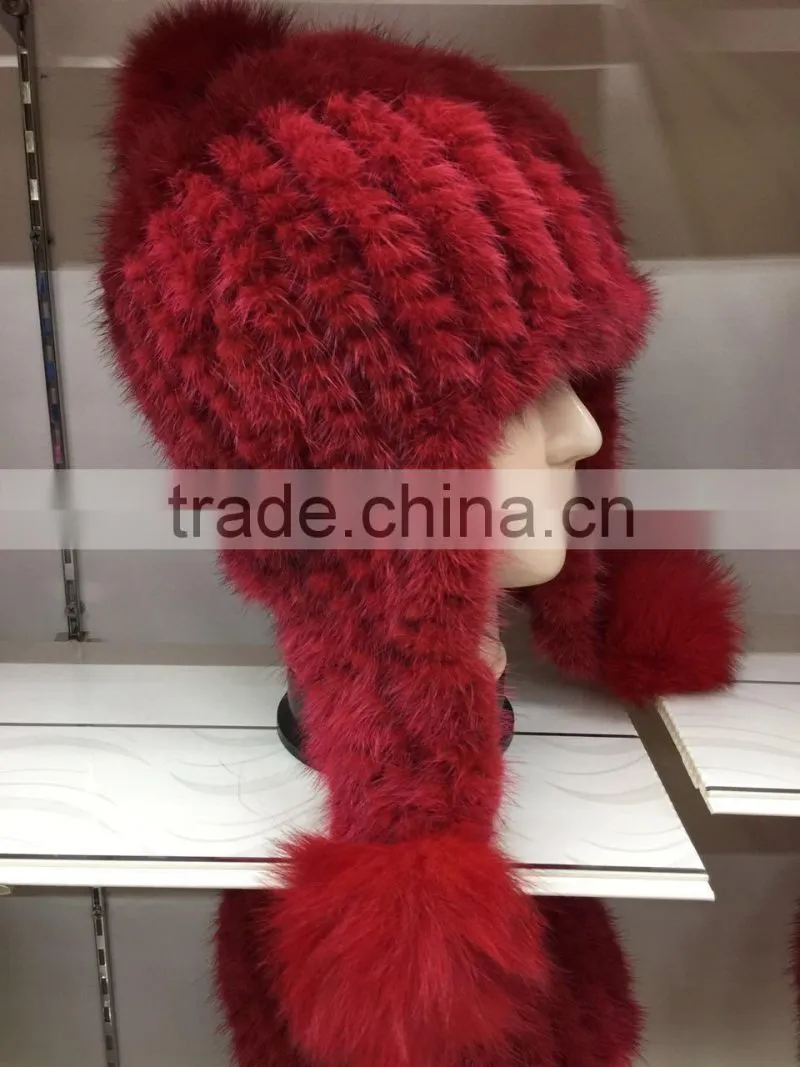 korea style fashion women mult color kintted mink fur hat with pompoms