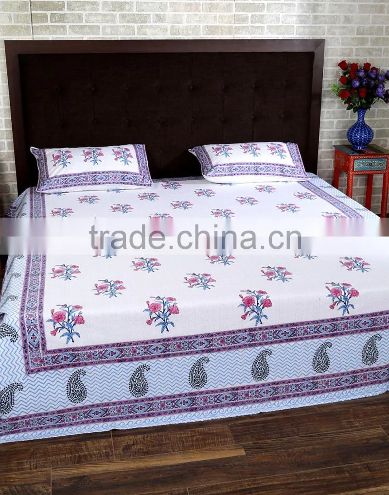 New Pattern Cotton Bed Sheet Flower Printed Hand Block Home Textile 100% Fabric Bed Sheet