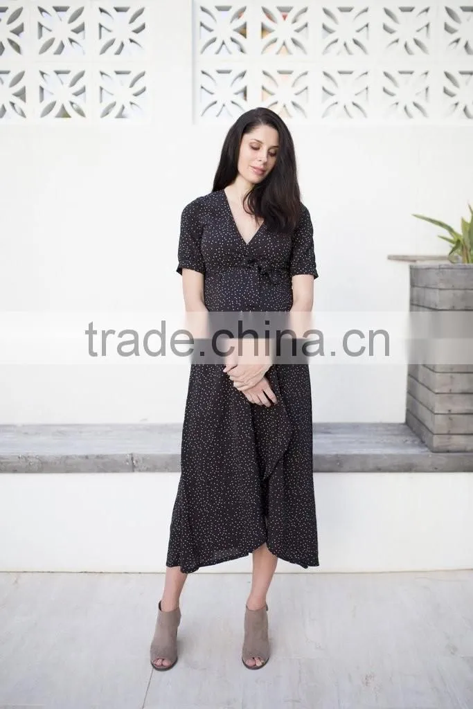 Summer print chiffon black wrap maternity dress, long maternity clothes, half sleeve maternity clothing