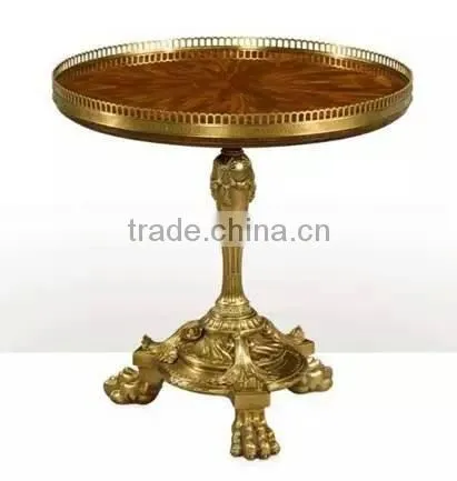 Vintage Natural Wood Carved Coffee Table With Brass Pedestal Handmade Marquetry Round Side Table Castle Living Room Furniture
