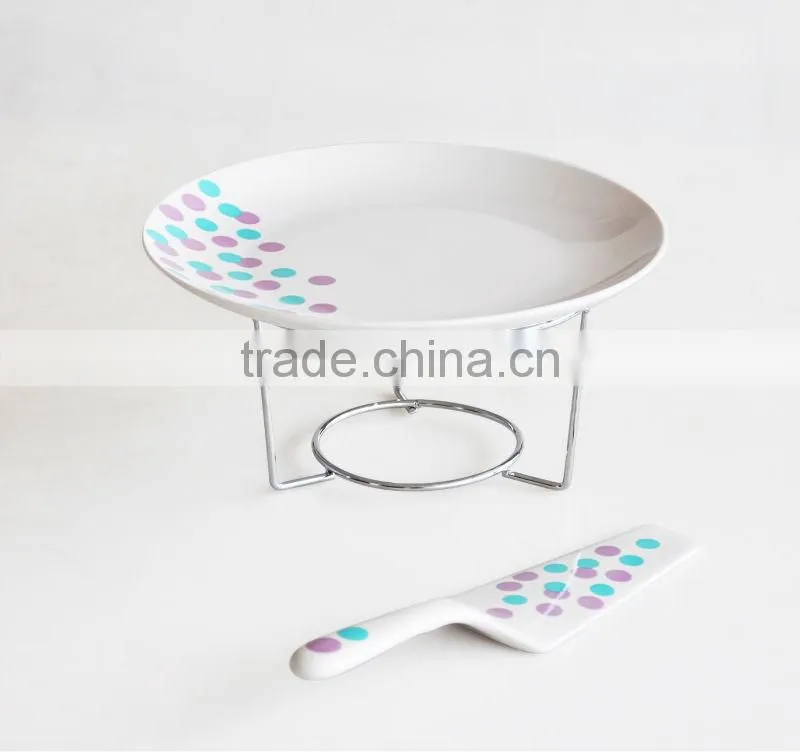 10.5" Porcelain cake plate with server and stand