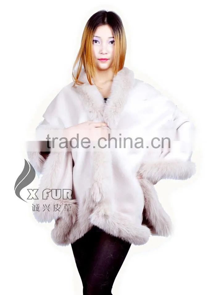 CX-B-P-25E 2016 New Product Fur Poncho Fur Cape With Fox Fur Trimmed