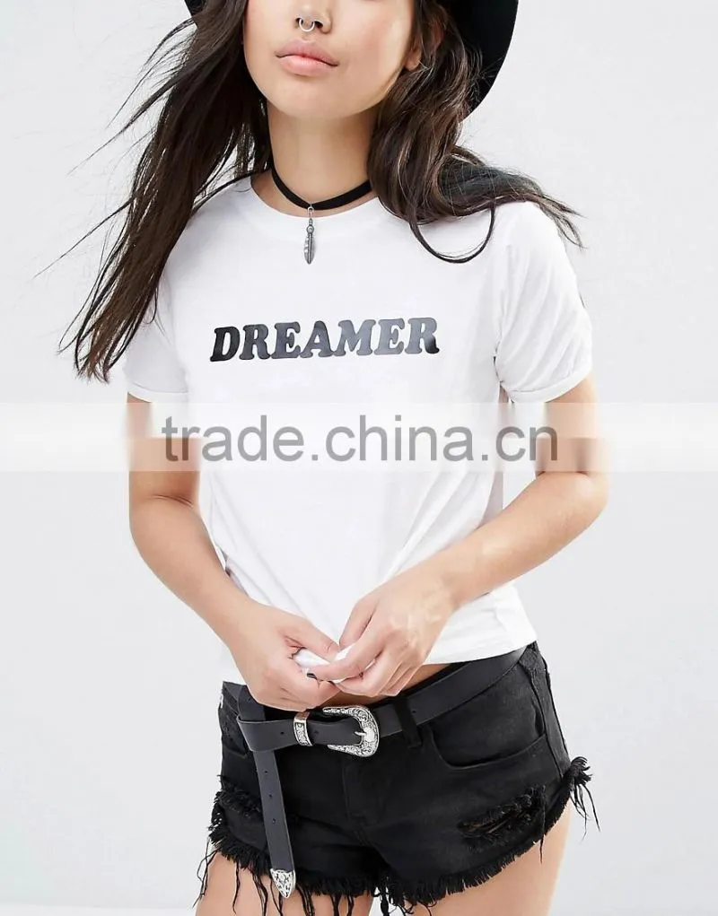 Hot selling women short sleeve plain cotton round neck t shirt with dreamer print