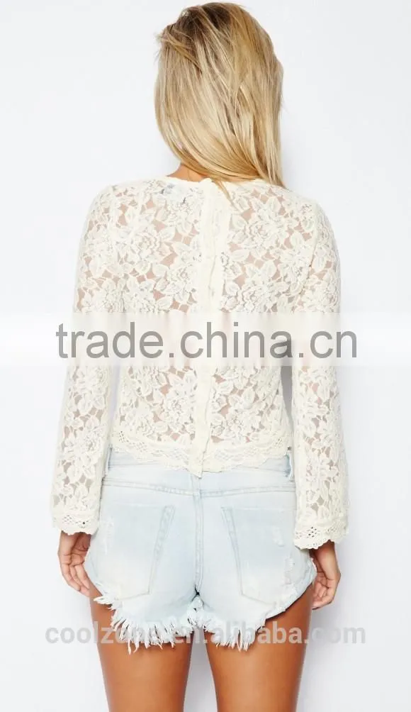 New arrival fashion loose through look floral lace lady blouse