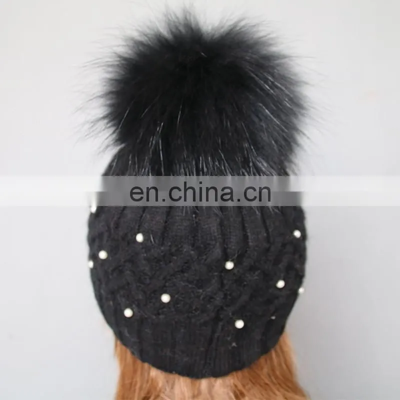 Fashion design black knitted pattern wool blend hats with fur pom