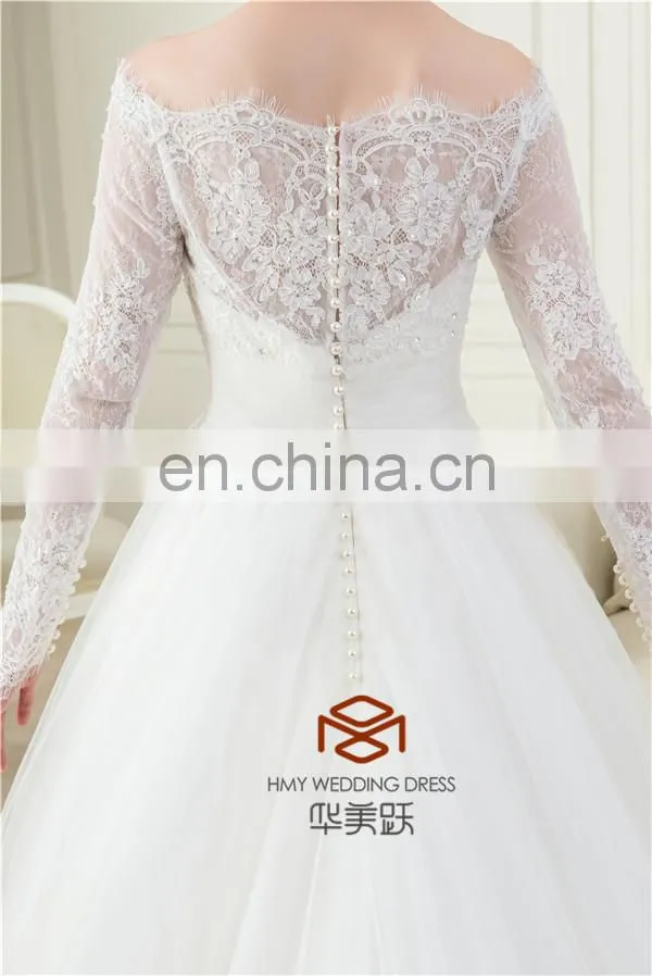 OEM Supply Muslim Long Sleeve Real Pictures Wedding Gown HMY-RP001 New Arrivals White Lace Appliques A Line 2015 Wedding Dress