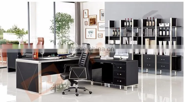 Modern large glass top black leather facing manager executive office desk