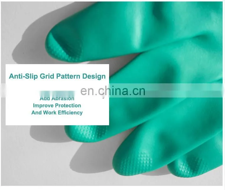 15 mil Long Cuff Flock Lined Green Nitrile Chemical Resistant Gloves for Work Safety