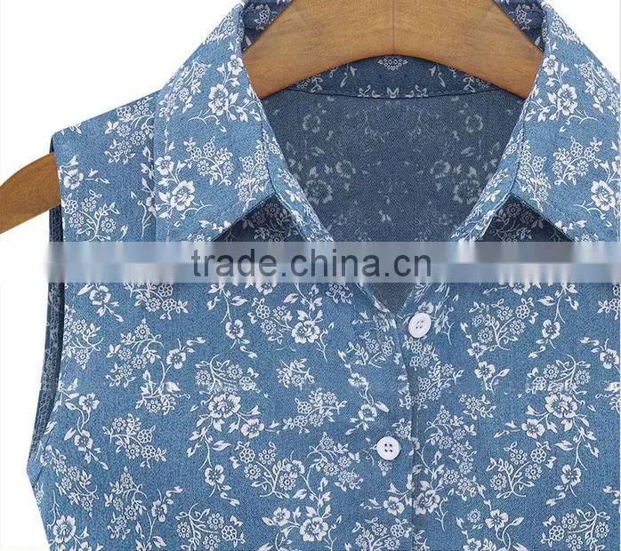 2014 new design Denim Floral Print Sleeveless Dress , Polo Collar Dress