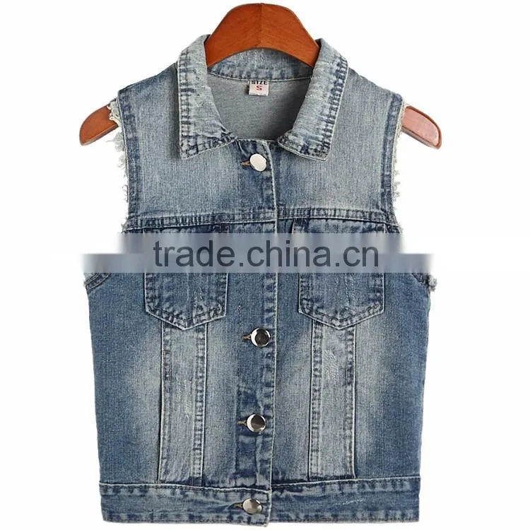 2016 new style women's turn-down collar frayed denim waistcoat