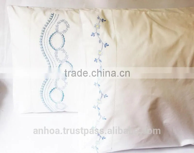 Plain cotton flower embroidered hemstitched pillow cases