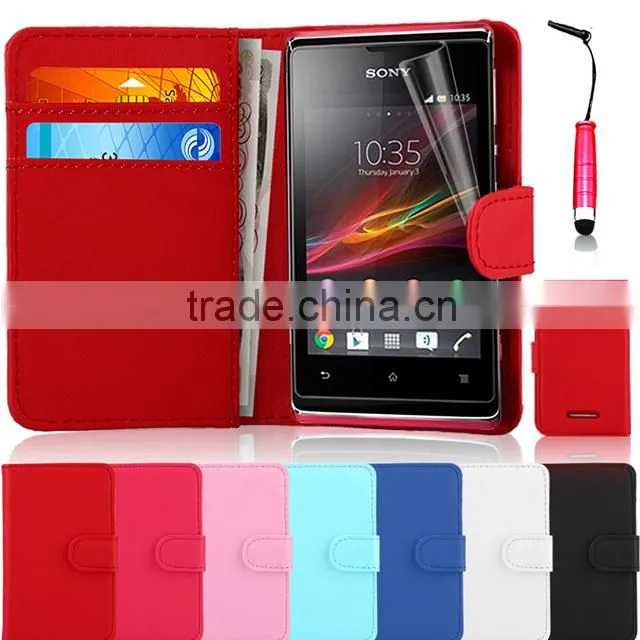Set Screen Protector Stylus And Case For Sony Xperia E Dual C1605 , Leather Wallet White Phone Case