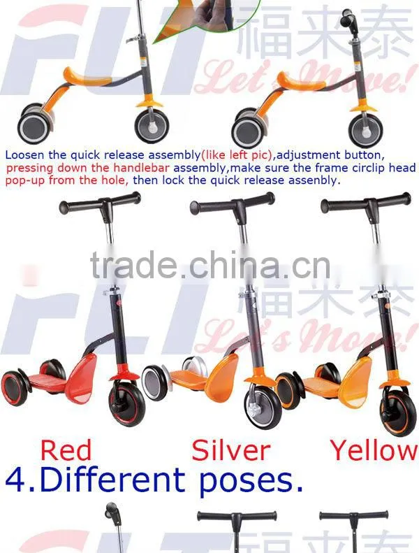 Hot selling 2 in 1 FLT-1006 three wheel kids scooter with strong steel and PU wheel for sale in 2013