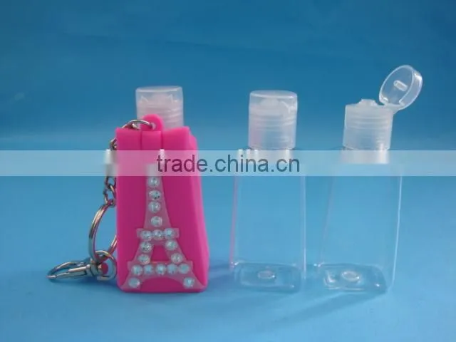 hot sale plastic hand sanitizer bottle with silicone holder, 30ml cute hand gel bottle