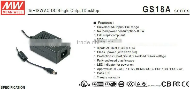 Meanwell 15~18W AC-DC Single Output Desktop 18v 1a switching power supply/single output switch power supply